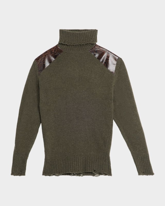 Snakeskin-Embossed Leather Patch Turtleneck Sweat